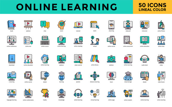 Online learning icons set with book, webinar, chat, smart, tutorial, exam, e learning, video call, instructor, online fitness icon. Simple lineal color vector 

