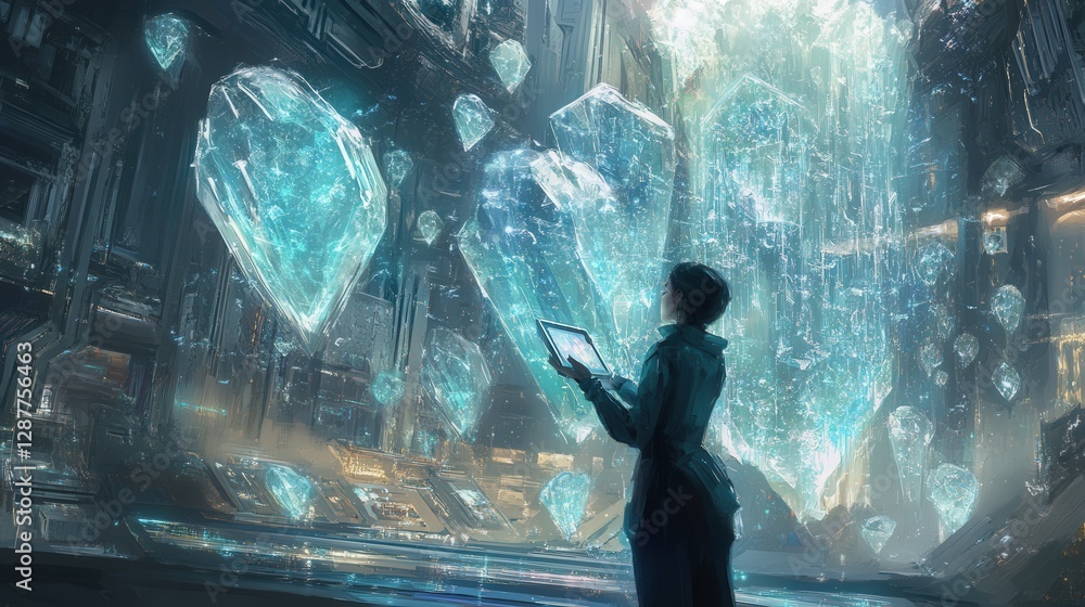 Poster futuristic data storage facility using crystal-based quantum memory
