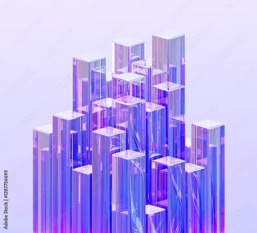 Poster 3d crystal glass rectangle cube pillars with holographic neon light gradient. abstract geometric pur