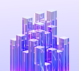 3d crystal glass rectangle cube pillars with holographic neon light gradient. Abstract geometric purple background with transparent square columns, glossy blocks, render tech banner. 3D illustration