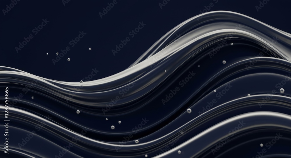 Poster fluid waves with bubbles on dark background