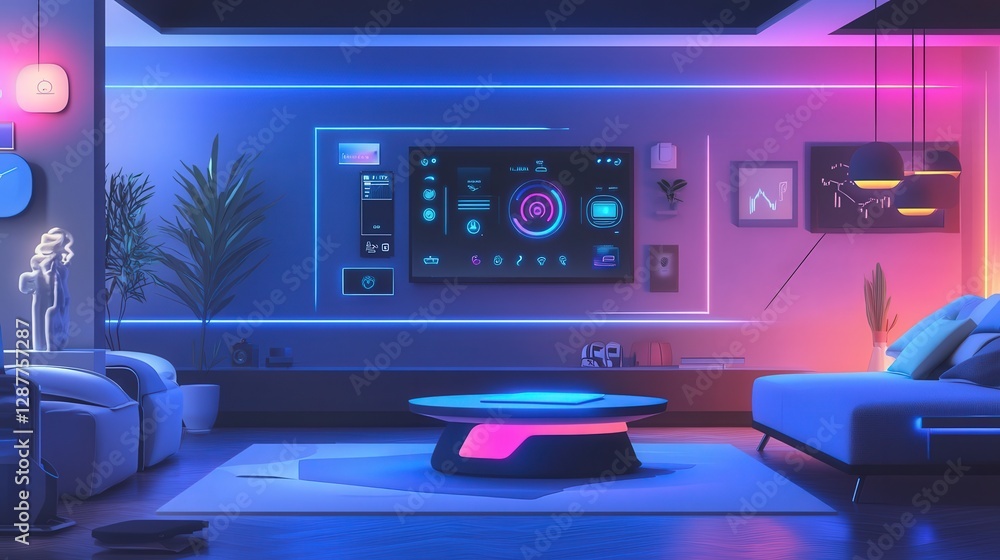 Poster futuristic smart home control panel with intuitive voice commands.