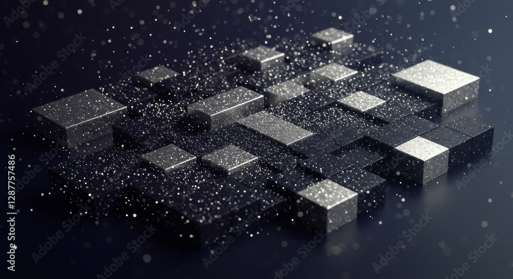 Poster abstract metallic blocks with scattered particles on dark background