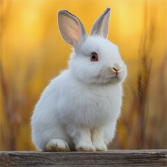 Obraz premium Cute white bunny sits and poses on wood, with a yellow and orange grass bokeh