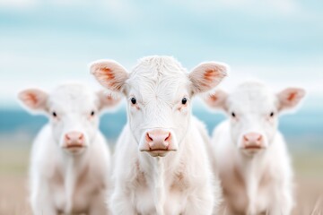 Fototapeta premium Three white calves standing together in a lush green pasture under a clear blue sky during a sunny afternoon
