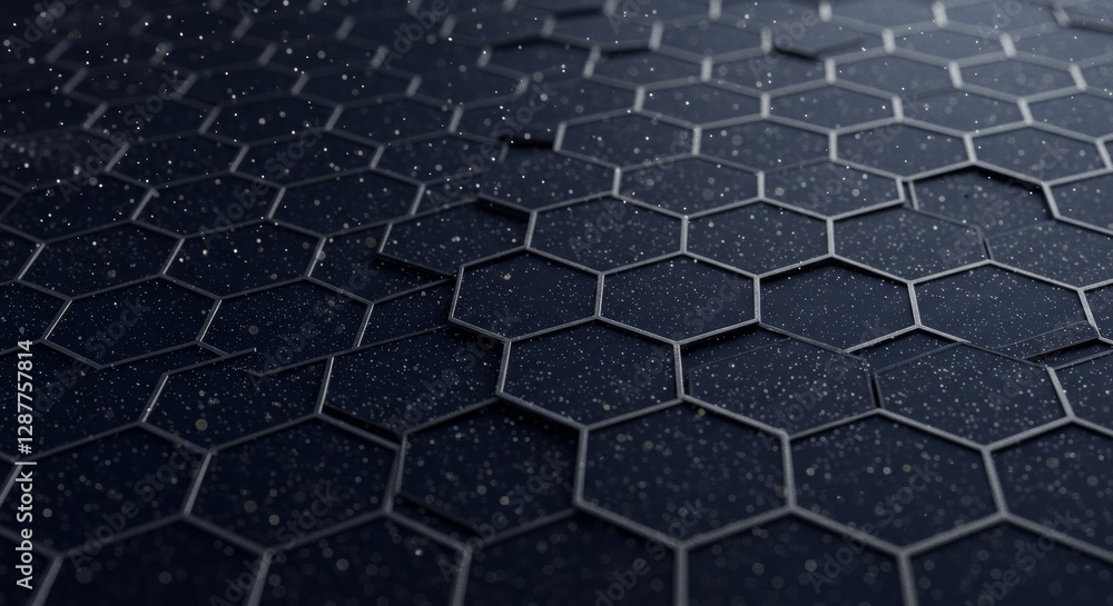 Poster hexagonal pattern on dark background with scattered droplets