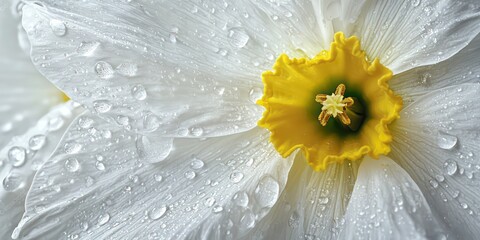 A macro shot of a daffodil with morning dew droplets © Pech