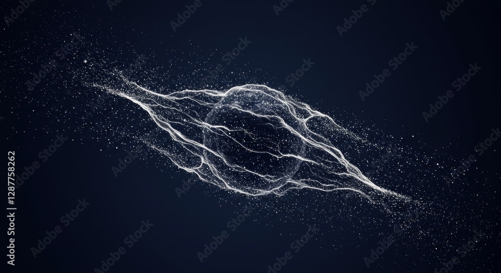 Poster abstract spherical shape with flowing lines on dark background