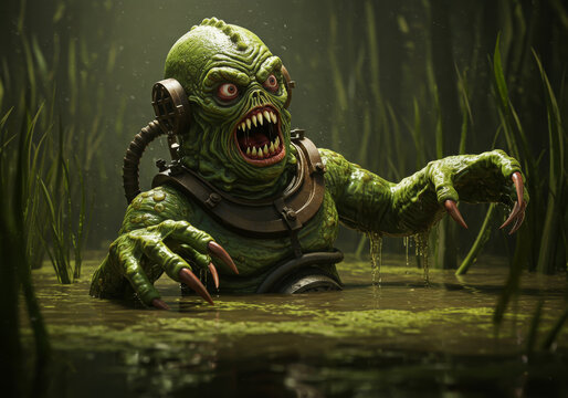 Creature from the black lagoon rises in swamp water