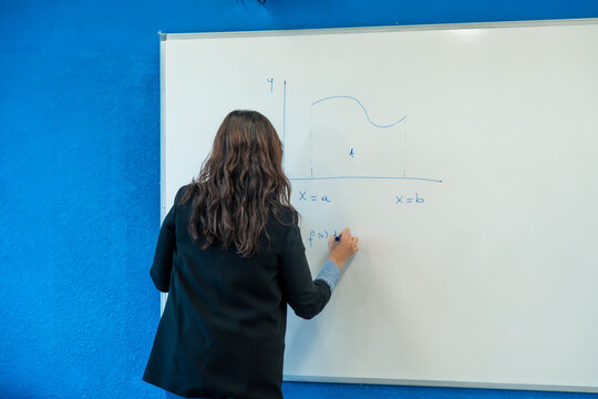 Teacher writing mathematical function on whiteboard in classroom