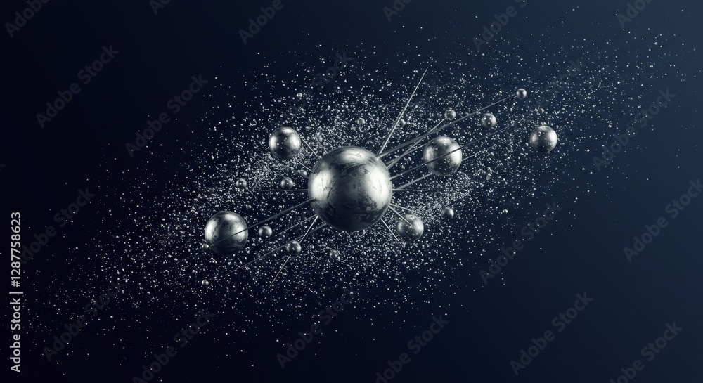 Poster abstract representation of atoms in motion against a dark background