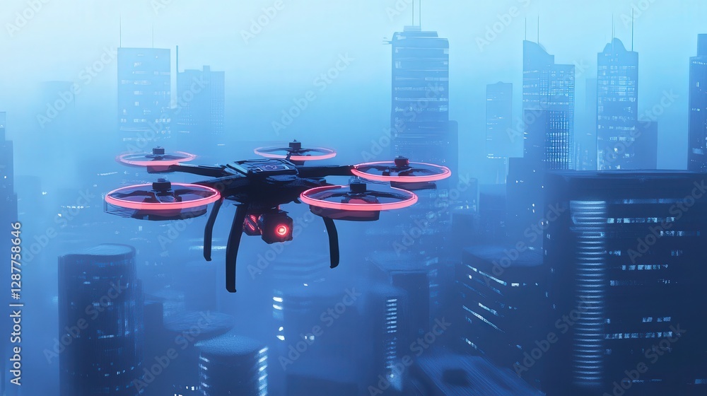 Poster drone with ai-powered navigation scanning a cityscape.