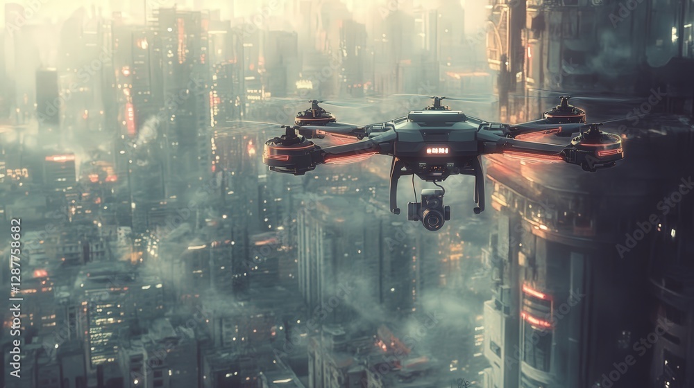 Poster drone with ai-powered navigation scanning a cityscape.