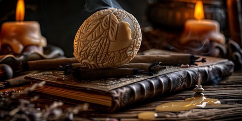 Carved bone Easter egg resting atop an ancient leather-bound spellbook surrounded by burning incense and melted wax