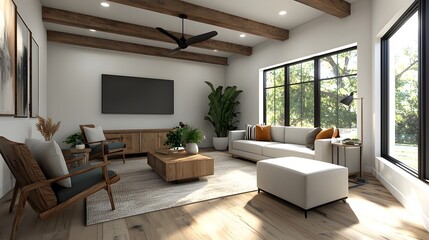 Fototapeta premium This cozy and comfortable modern farmhouse living room features distressed wood beams a plush area rug and a mix of vintage and contemporary decor pieces