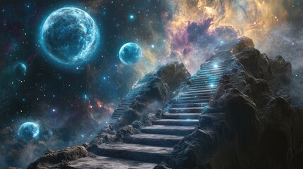 Fototapeta premium Mystical Stairway Leading to Cosmic Realms in a Colorful Galaxy