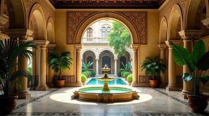 Obraz premium Serene Courtyard Oasis Architectural Grandeur with a Tranquil Fountain and Lush Greenery