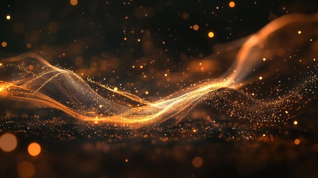 Biomechanical network forming ethereal human mind, copper and gold energy streams, floating luminescent particles, intricate flowing lines, dark space background, scattered light points, abstract
