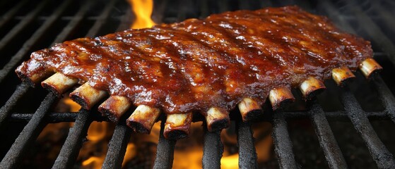Mouthwatering grilled ribs with smoky glaze on a barbecue grill perfect for summer cookout and barbecue themed events and food photography
