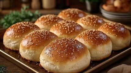 Fresh baked sesame burger buns on tray, ready for cooking, in kitchen setting