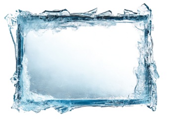 Frosted rectangular ice frame with textured edges, isolated on a transparent cutout background