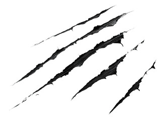 Claw scratch marks with torn edges, isolated on transparent cutout background