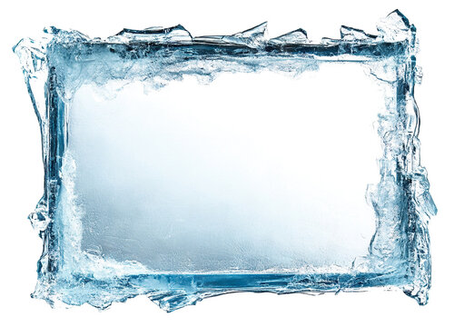 Frosted rectangular ice frame with textured edges, isolated on a transparent cutout background