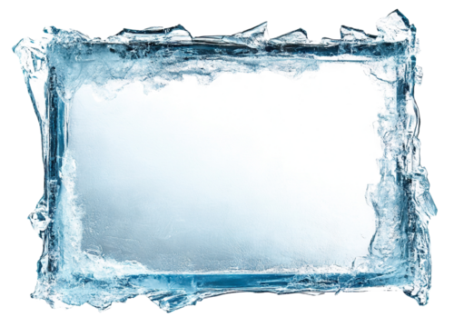Frosted rectangular ice frame with textured edges, isolated on a transparent cutout background