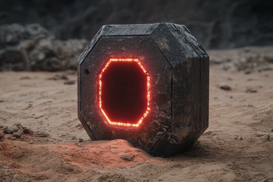 A mysterious cube with a glowing portal rests on an alien landscape. - Powered by Adobe