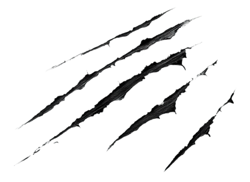 Claw scratch marks with torn edges, isolated on transparent cutout background