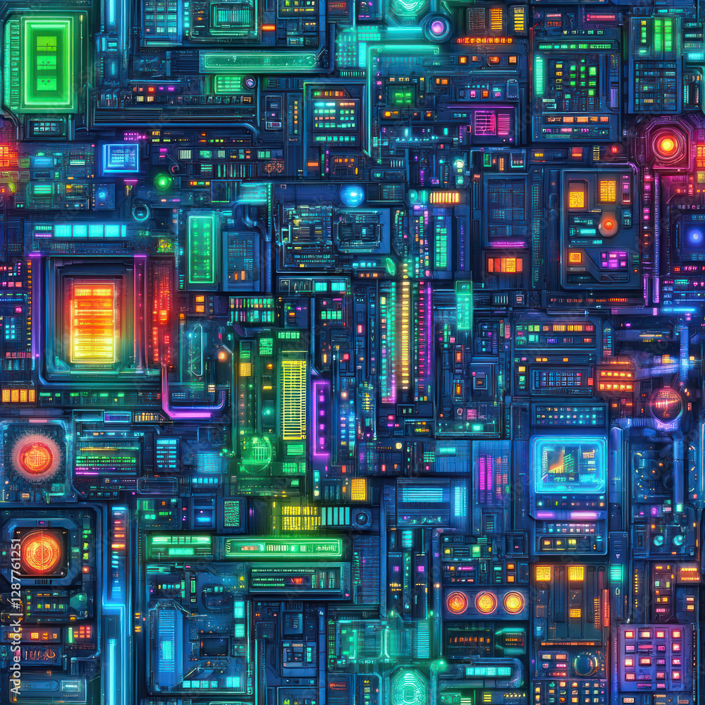 Poster complex glowing electronics panel with various lights and screens creates abstract tech background