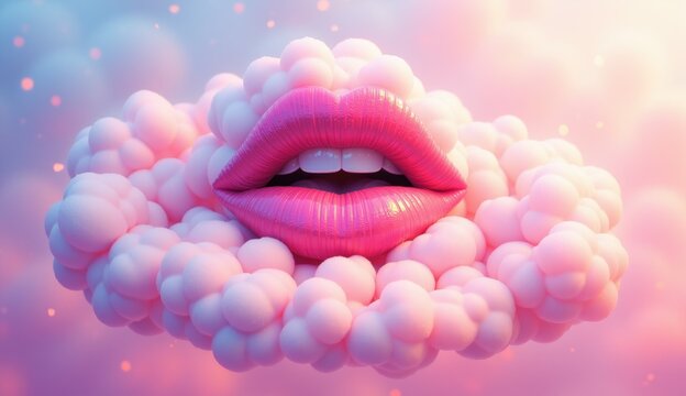 Pink lips with shiny gloss floating on fluffy clouds background, dreamy and surreal concept