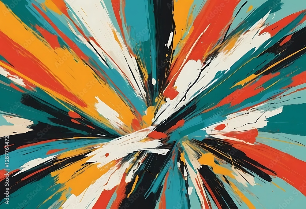 Poster colorful abstract expressionist painting depicting explosive brushstroke patterns throughout canvas