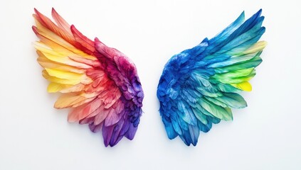 Fototapeta premium Colorful, rainbow-colored angel wings isolated on a white background, in a simple and minimalistic style
