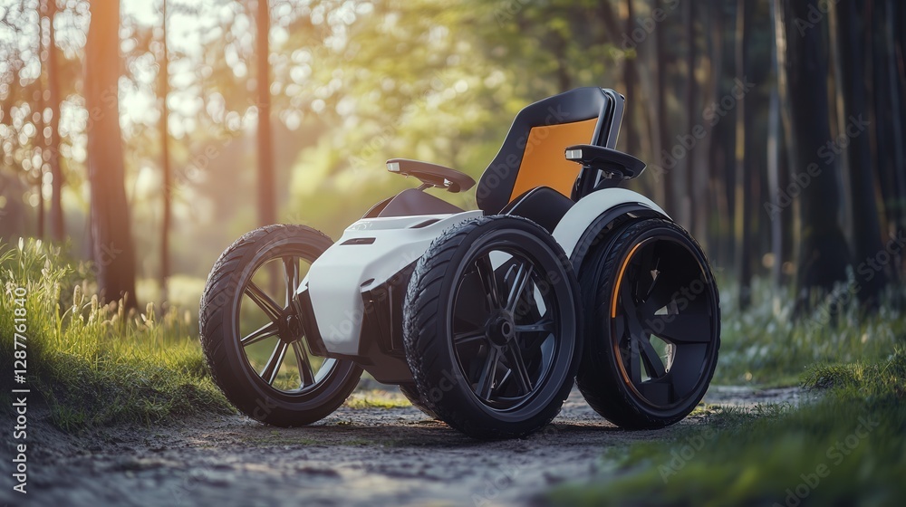 Poster modern wheelchair with electric assistance, explaining how it helps users navigate difficult terrain