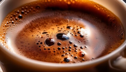Ultra-close-up of espresso crema bubbling in a coffee cup, capturing the detailed foam texture and warm light reflecting off the rich, aromatic crema.