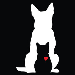 black cat with red heart sitting in front of white dog isolated on black background with copy space for text, black and white vector illustration