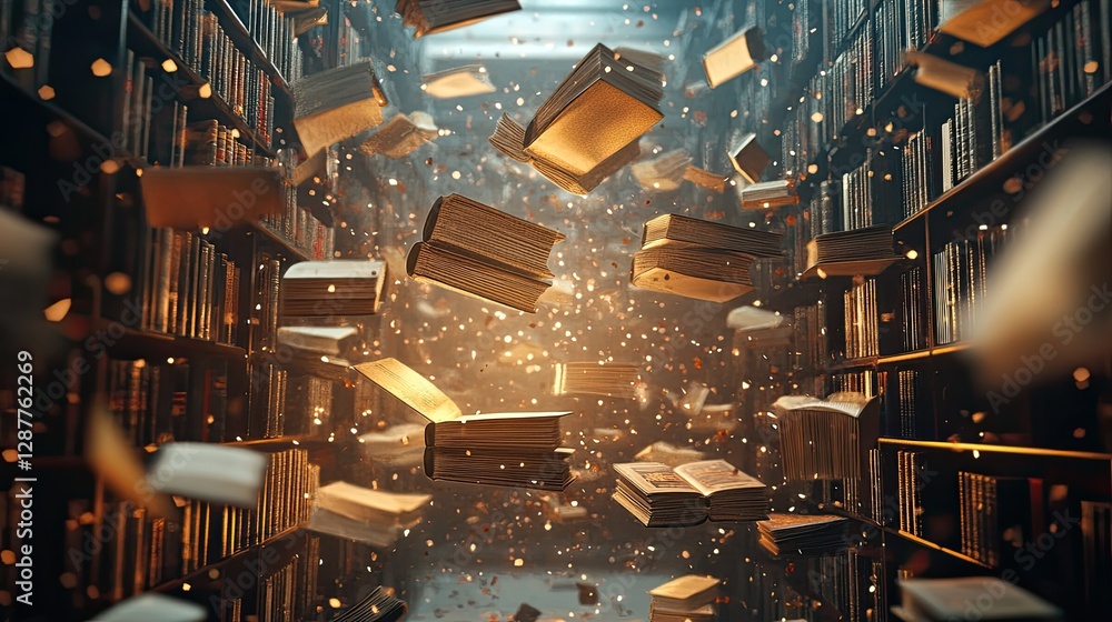 Poster enchanted library with floating books and soft glowing light