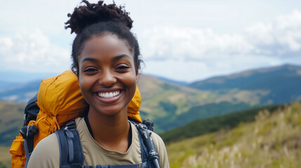 Travel, hiking, adventure, traveler hiker woman stands in the mountains looking at camera