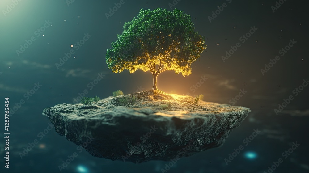 Poster luminous tree on floating rock in cosmic atmosphere