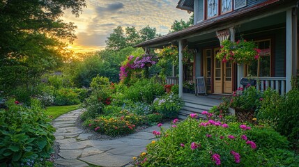 Obraz premium Beautiful garden pathway leading to a cozy home at sunset