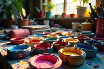 A Colorful Collection of Paint Pots in an Artistic Workspace