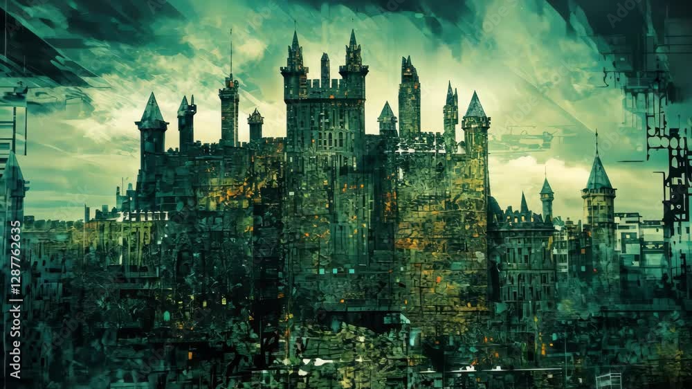 Poster abstract depiction of a secure digital fort surrounded by cryptographic elements illustrating the co