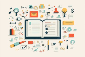 A flat-design vector of an open textbook with cloud-based education and online learning icons integrated into the background.