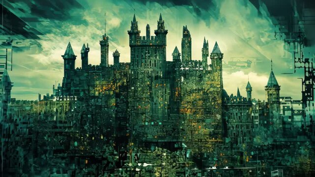 Abstract depiction of a secure digital fort surrounded by cryptographic elements illustrating the concept of cybersecurity in a futuristic landscape
