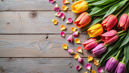  A vibrant arrangement of colorful tulips lies on a rustic wooden surface, celebrating the beauty, renewal, and vitality of the Spring Equinox.