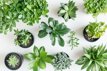 Obraz premium A flat-lay photograph of vibrant green houseplants, perfectly arranged on a white background.