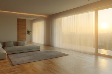 Modern Minimalist Living Room with Large Windows and Sunset View