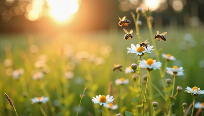 Bees diligently pollinate daisy flowers in a meadow bathed in the warm golden light of sunrise, symbolizing renewal, growth, and the interconnectedness of life during the Spring Equinox.