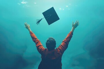 A conceptual 3D render of a student reaching towards a floating graduation cap, representing knowledge acquisition.